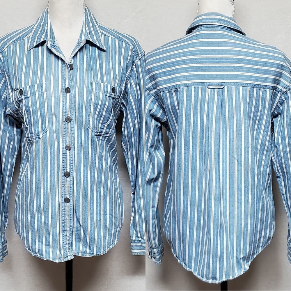 VINTAGE 1990s Falls Creek Blue White Chambray Striped Button Up Denim Shirt